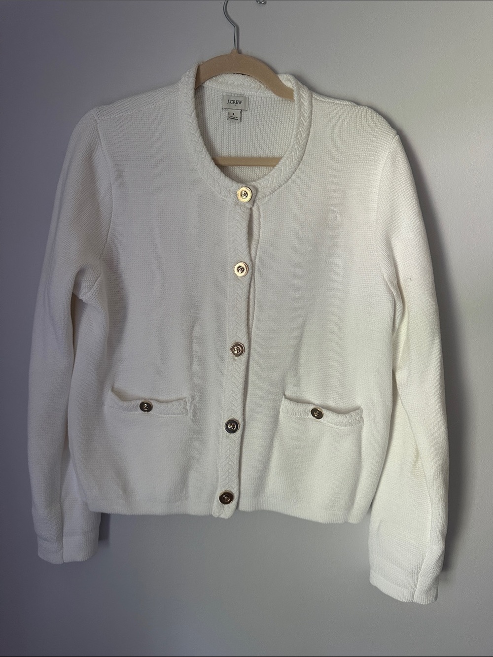 J. Crew White Button-Up Braided-Trim Cardigan